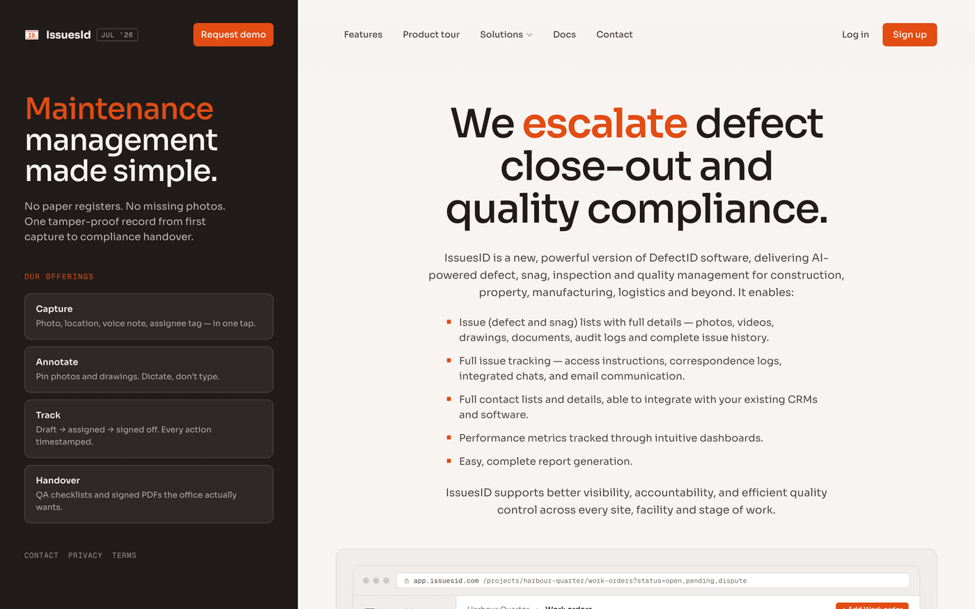 The IssuesID website landing page — maintenance management and defect close-out and quality compliance for construction, property and beyond