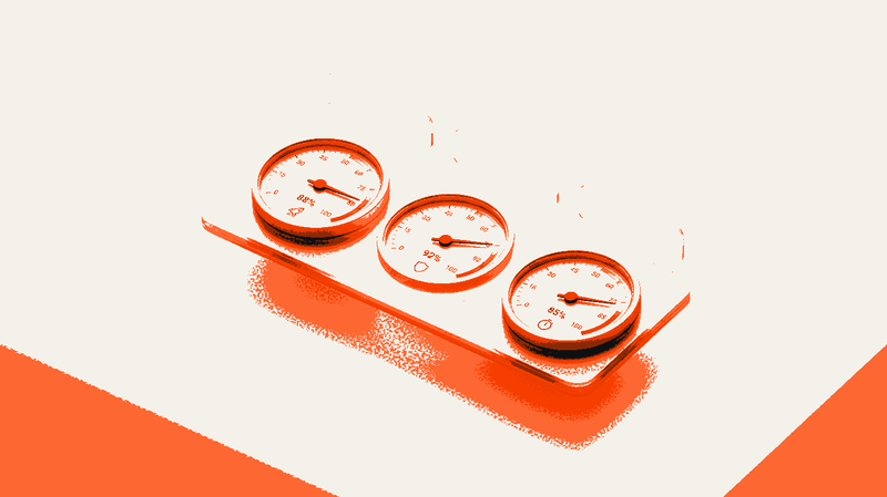 Conceptual illustration of a website performance dashboard showing three speedometer gauges