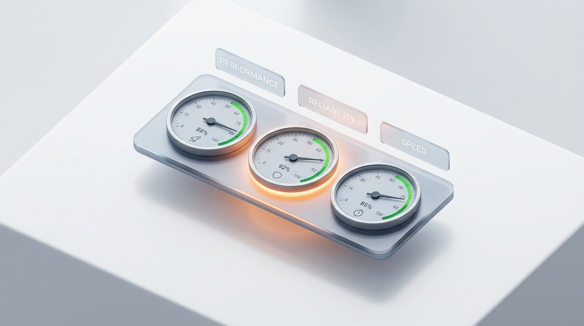 Conceptual illustration of a website performance dashboard showing three speedometer gauges