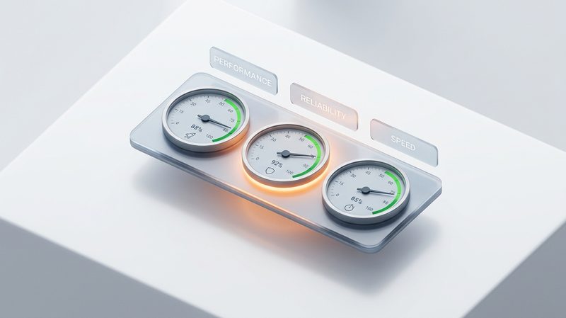 Conceptual illustration of a website performance dashboard showing three speedometer gauges