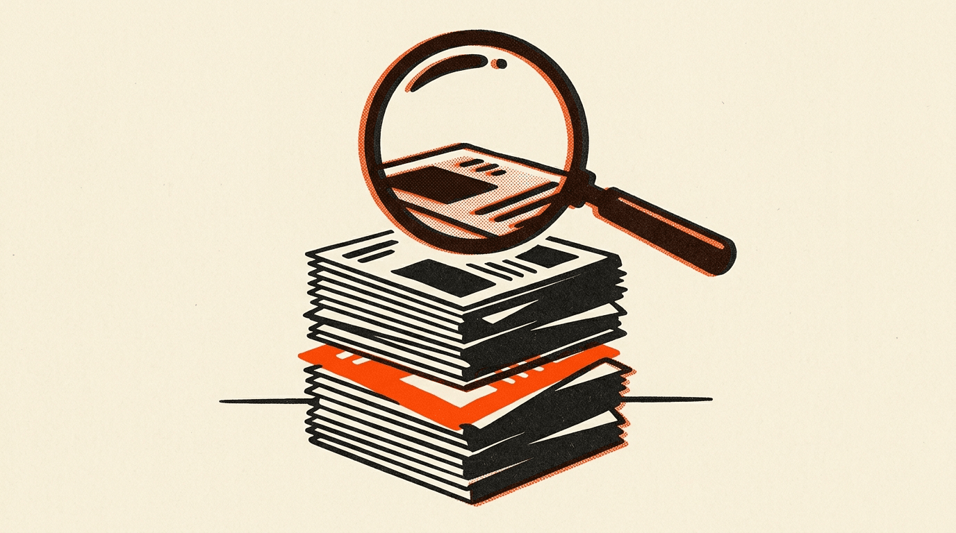 Risograph illustration of a magnifying glass over a stack of documents with one odd-coloured page hidden inside