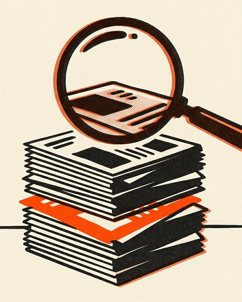 Risograph illustration of a magnifying glass over a stack of documents with one odd-coloured page hidden inside