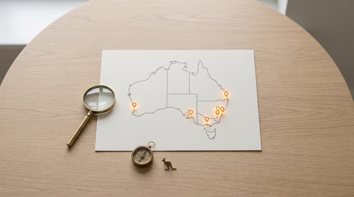 Conceptual illustration of a map with pinned service business locations across Australian suburbs