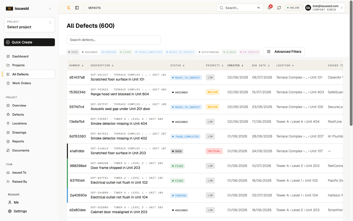 The IssuesID All Defects dashboard listing tracked construction defects with status, priority and location