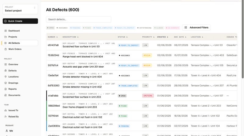 The IssuesID All Defects dashboard listing tracked construction defects with status, priority and location