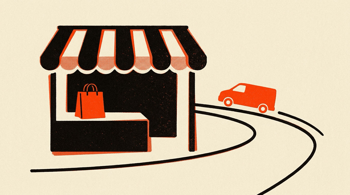 A shopfront awning with a paper shopping bag on the counter and a small delivery van driving away along a bold line