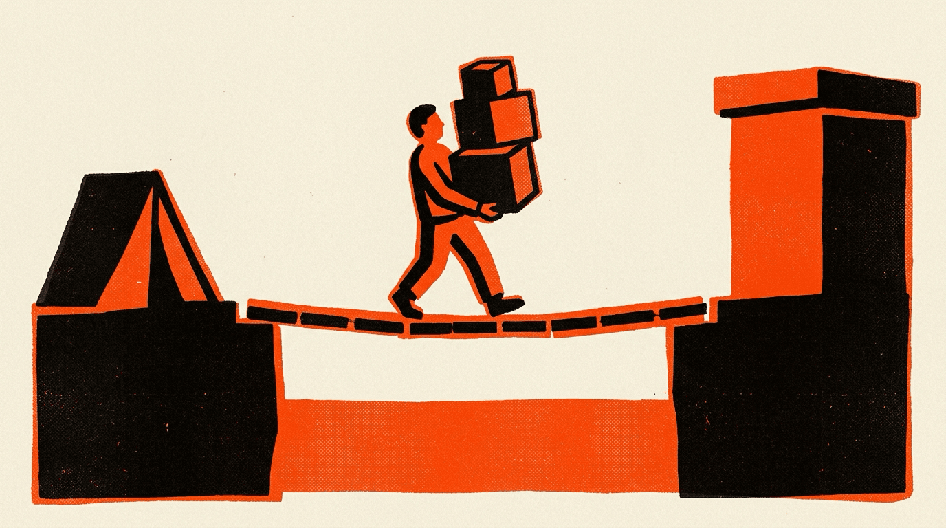 A figure carrying a stack of boxes across a narrow plank bridge from a small tent to a solid building