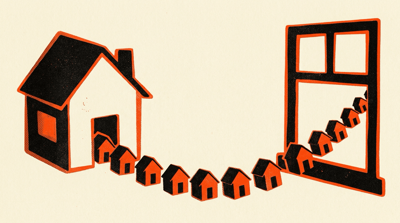 A house silhouette built from stacked cards, with a stream of small identical house shapes flowing out of it into a window frame
