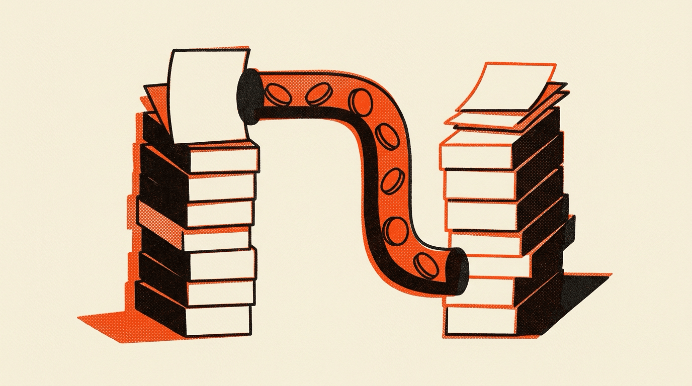Two stacks of paper receipts joined by a single bold pipe with coins travelling through it