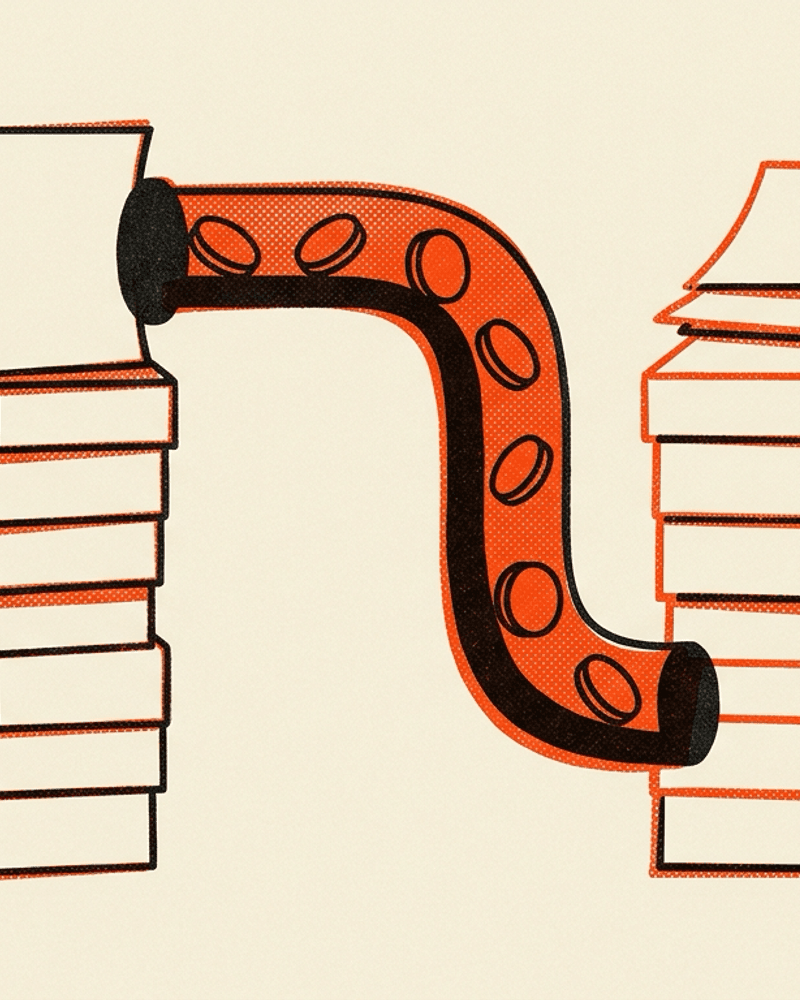 Two stacks of paper receipts joined by a single bold pipe with coins travelling through it