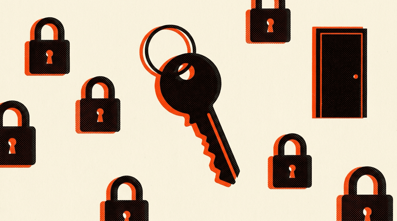 A single key on a ring surrounded by smaller padlocks and a door silhouette, printed in black and orange riso ink