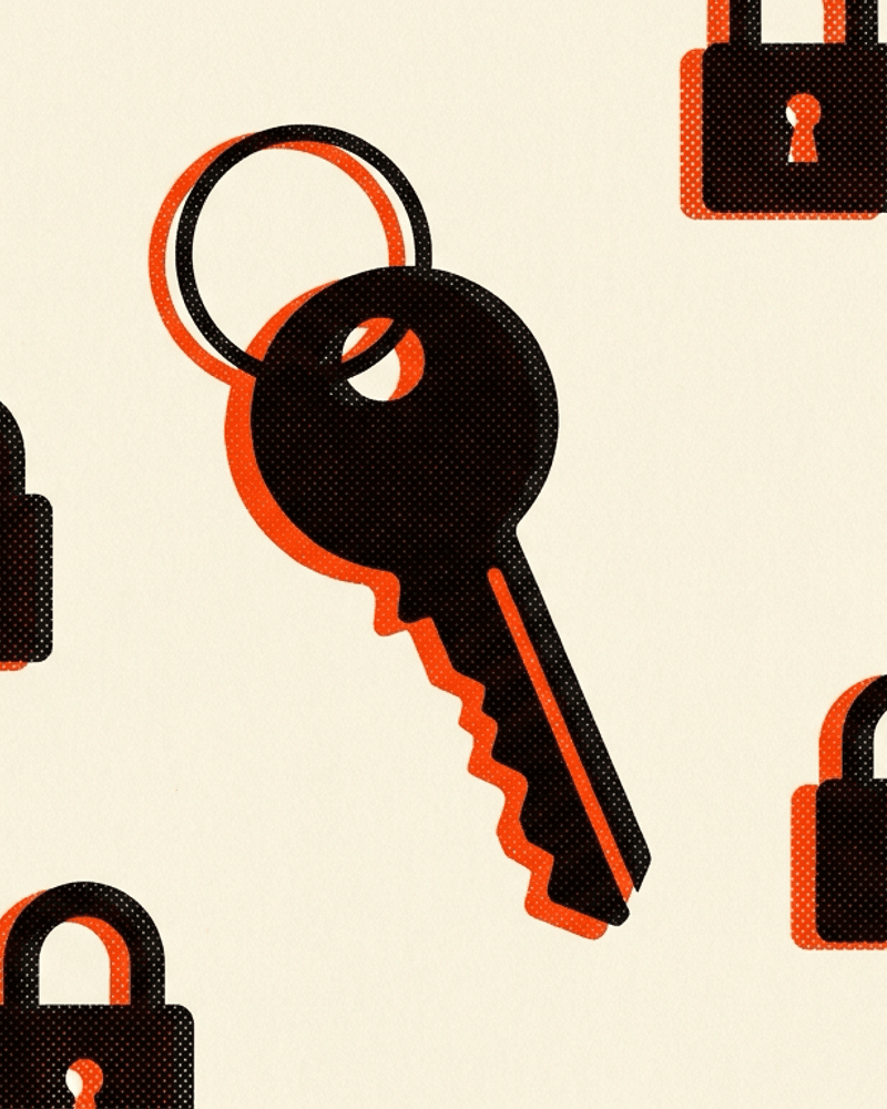 A single key on a ring surrounded by smaller padlocks and a door silhouette, printed in black and orange riso ink