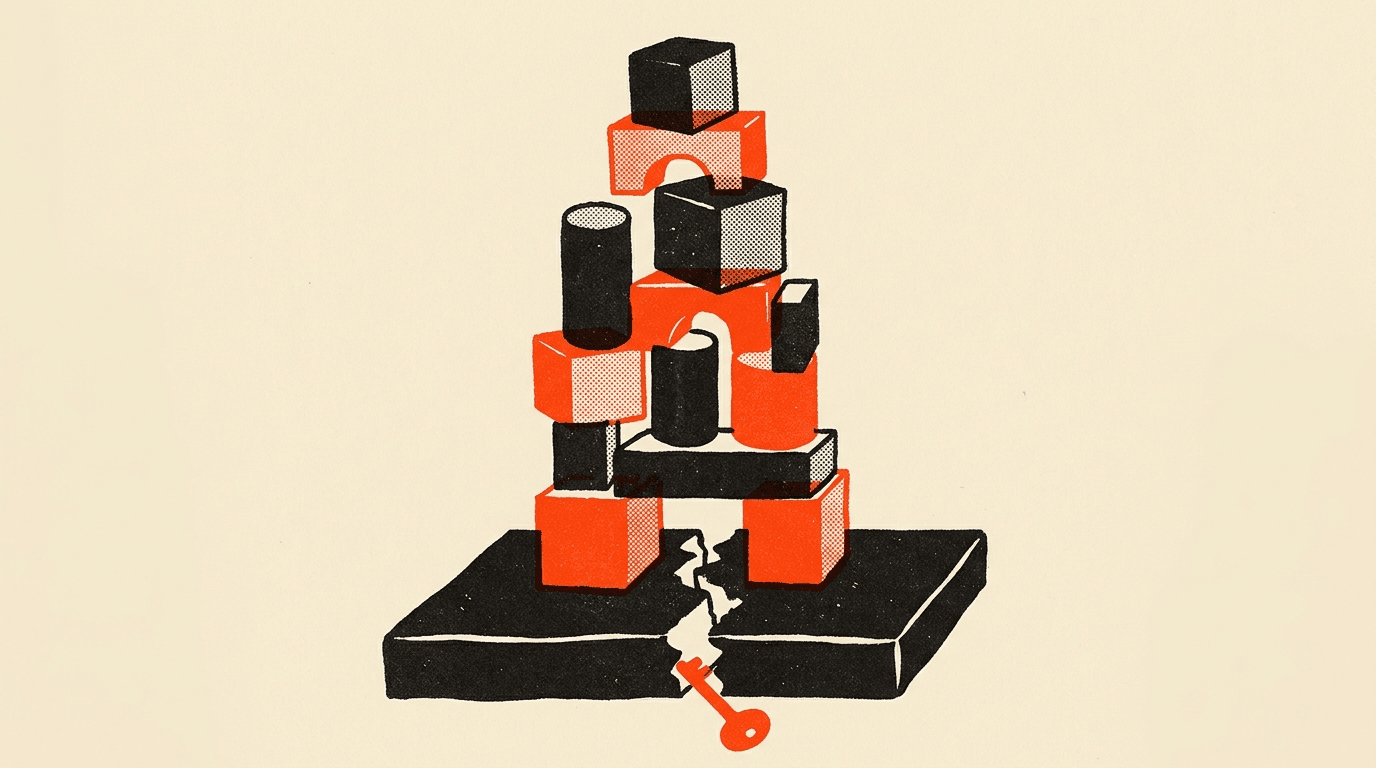 Risograph illustration of stacked blocks balanced on a cracked foundation slab with a key slipping through the crack